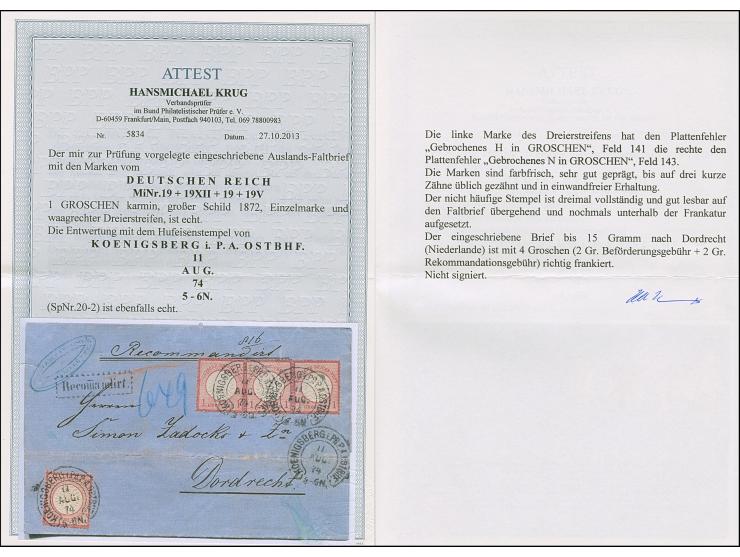 “KÖNIGSBERG i. PR. P.A. OSTBHF 11.AUG.74” (Spalink 20-2) mehrfach klar auf angetrennten Dreierstreifen und Einzelwert großer 