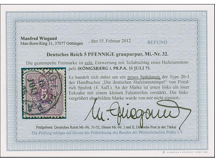 “KÖNIGSBERG i. PR. P.A. 15.JULI.75” (Spalink 20-3) klar auf loser Marke 5 Pfge graupurpur. Die farbfrische Marke unten links 
