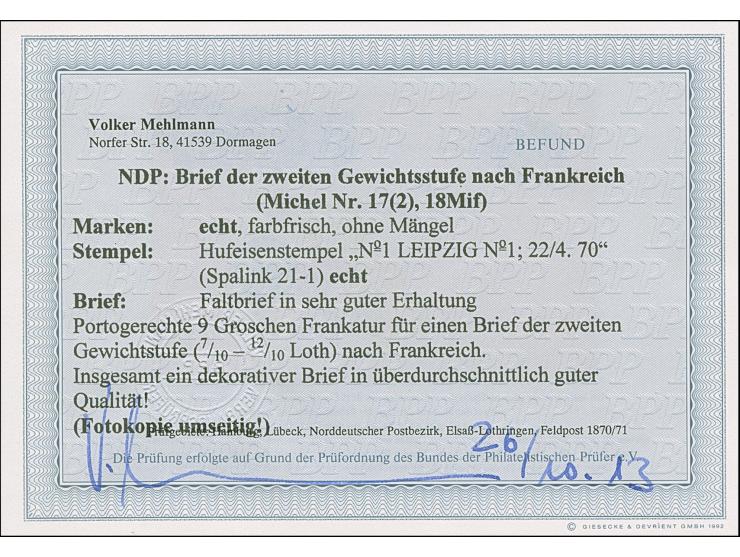 “LEIPZIG No. 1 22.4.70” (Spalink 21-1) mehrfach klar auf zwei Einzelmarken Norddeutscher Postbezirk 2 Gr. und Einzelmarke 5 G