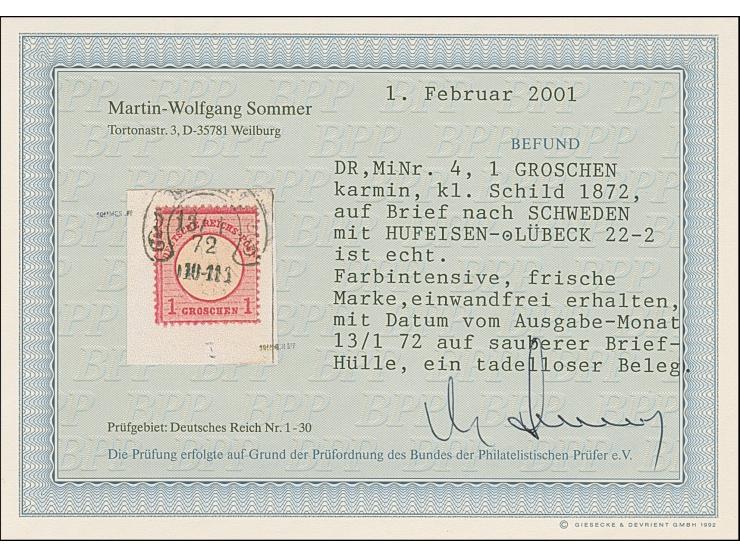 “LÜBECK 13.1.72” (Spalink 22-2) klar auf kleiner Schild 1 Gr. karmin als tarifgerechte Einzelfrankatur auf Drucksachen-Faltbr