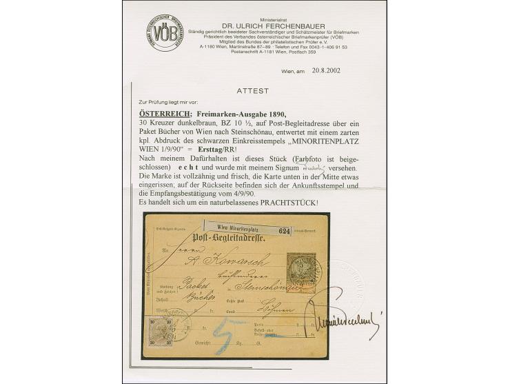 1890, Kaiser Franz Josef 30 Kr. dunkelorangebraun/schwarz auf Post-Begleitadresse-Karte 5 Kr. braun von “MINORITENPLATZ WIEN 