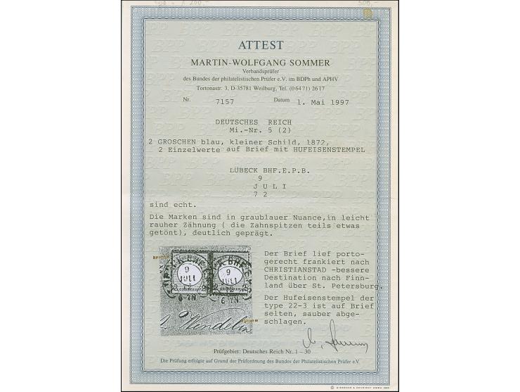 “LÜBECK BHF. E.P.B. 9.JULI.72” (Spalink 22-3) zweimal klar auf zwei Einzelmarken kleiner Schild 2 Gr. grauultramarin als tari