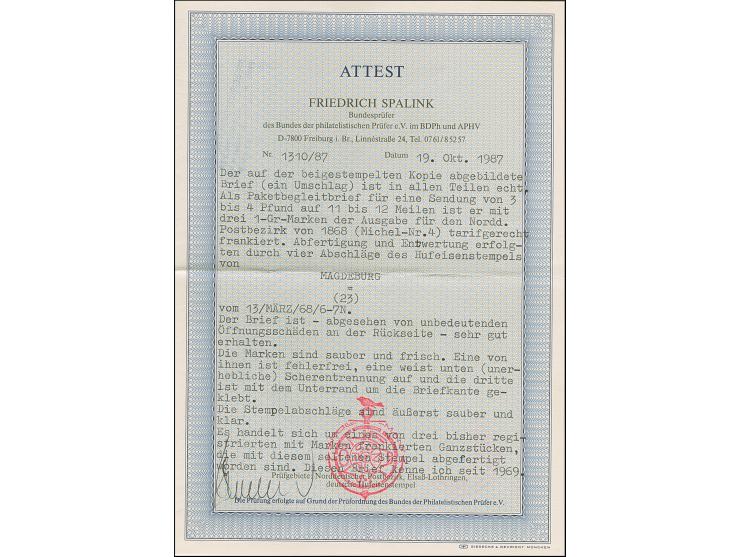 “MAGDEBURG 13.MÄRZ.68” (Spalink 23) mehrfach klar auf drei Einzelmarken Norddeutscher Postbezirk 1 Gr. durchstochen als tarif