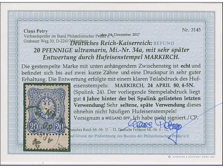 “MARKIRCH 24.APRIL.80” (Spalink 24) klar auf loser Marke 20 Pfge ultramarin mit Zwischensteg unten. Die farbfrische Marke hat