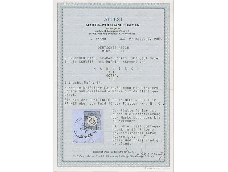 “MARKIRCH 31.OCTBR.73” (Spalink 24) etwas undeutlich auf großer Schild 2 Gr. grauultramarin mit Plattenfehler “heller Fleck i