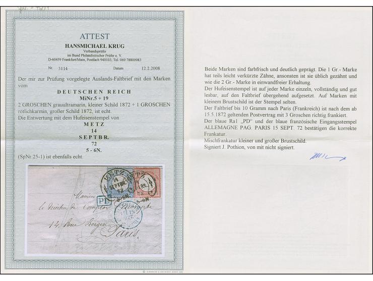 “METZ 14.SEPTBR.72” (Spalink 25-1) zweimal klar auf kleiner Schild 2 Gr. grauultramarin und großer Schild 1 Gr. rötlichkarmin