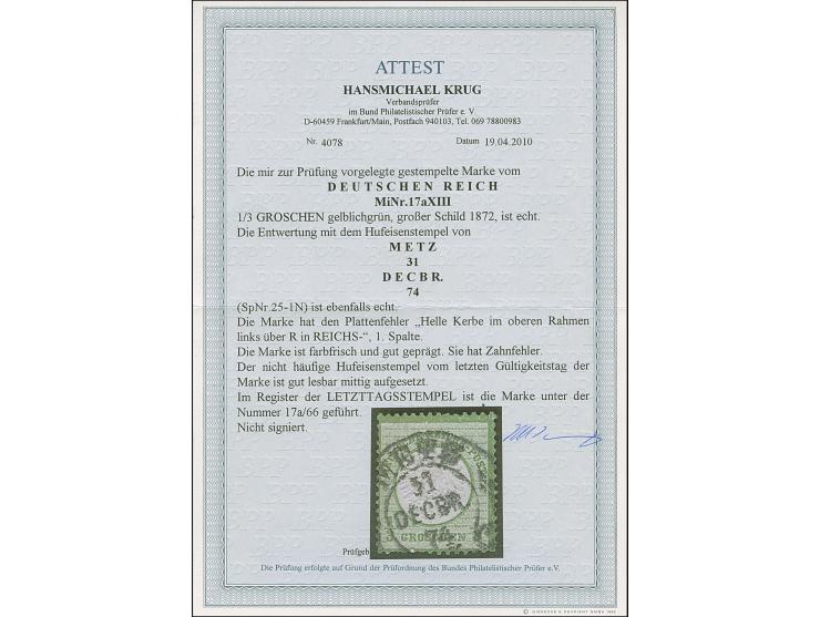 “METZ 31.DECBR.74” (Spalink 25-1N) recht klar auf loser Marke großer Schild ⅓ Gr. gelblichgrün mit Plattenfehler “helle Kerbe