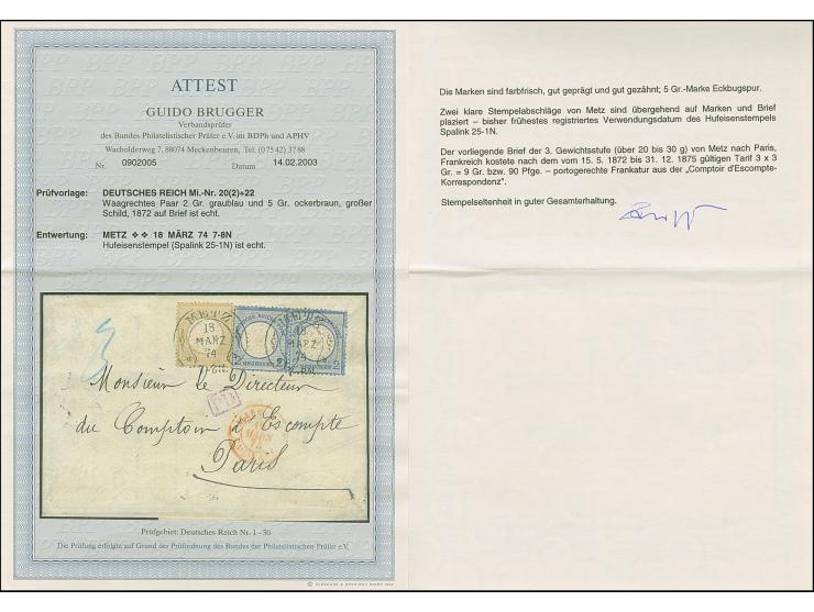 “METZ 18.MÄRZ.74” (Spalink 25-1N) zweimal klar auf waagerechtem Paar 2 Gr. grauultramarin und Einzelwert 5 Gr. ockberbraun al
