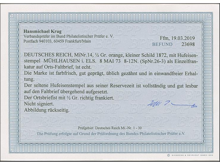 “MÜHLHAUSEN i. ELS. 8.MAI.73” (Spalink 26-3) klar auf kleiner Schild ½ Gr. orange als tarifgerechte Einzelfrankatur auf kompl