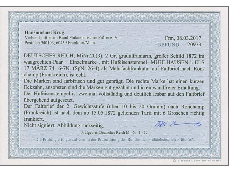 “MÜHLHAUSEN i. ELS. 17.MÄRZ.74” (Spalink 26-4) zweimal klar auf großer Schild 2 Gr. grauultramarin im waagerechten Paar und E