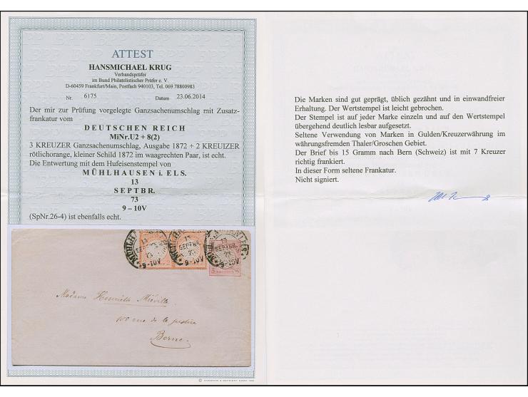 “MÜHLHAUSEN i. ELS. 13. SEPTBR.73” (Spalink 26-4) mehrfach recht klar auf Ganzsachen-Umschlag kleiner Schild 3 Kr. mit tarifg