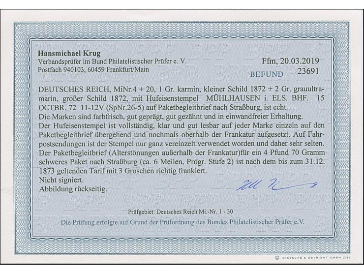 “MÜHLHAUSEN i. ELS. BHF. 15.OCTBR.72” (Spalink 26-5) zweimal klar auf kleiner Schild 1 Gr. karmin und großer Schild 2 Gr. gra