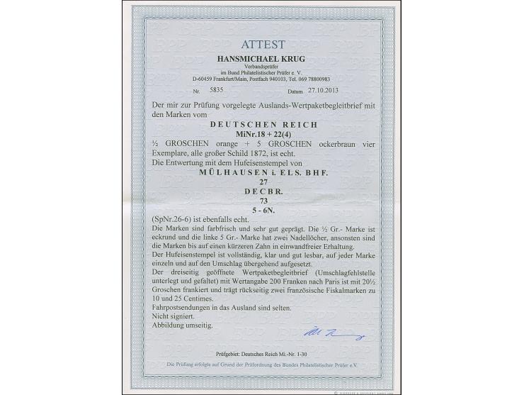 “MÜLHAUSEN i. ELS. BHF. 27.DECBR.73” (Spalink 26-6) mehrfach klar auf vier Einzelmarken großer Schild 5 Gr. ockerbraun und Ei