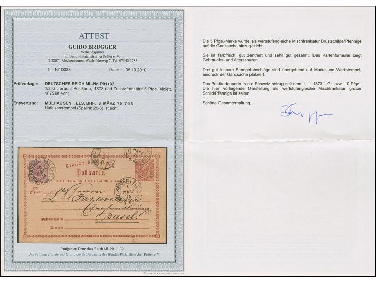 “MÜLHAUSEN i. ELS. BHF. 6.MÄRZ.75" (Spalink 26-6) mehrfach klar auf Ganzsachenkarte ½ Gr. mit tarifgerechter Zufrankatur 5 Pf