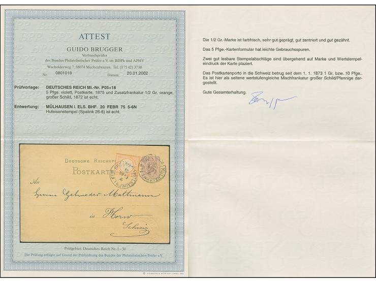 “MÜLHAUSEN i. ELS. BHF. 20.FEBR.75” (Spalink 26-6) zweimal recht klar auf Ganzsachenkarte 5 Pfge mit tarifgerechter Zufrankat