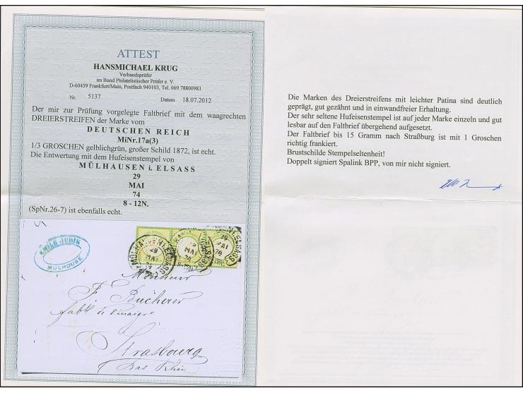 “MÜLHAUSEN i. ELSASS 29.MAI.74” (Spalink 26-7) mehrfach klar auf waagerechtem Dreierstreifen großer Schild ⅓ Gr. gelblichgrün