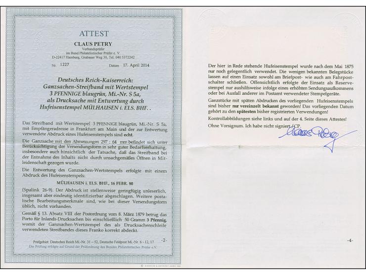 “MÜLHAUSEN i. ELS.BHF. 16.FEBR.80” (Spalink 26-9) sehr klar auf Ganzsachen-Streifband 3 Pfge nach Frankfurt. Das Streifband m