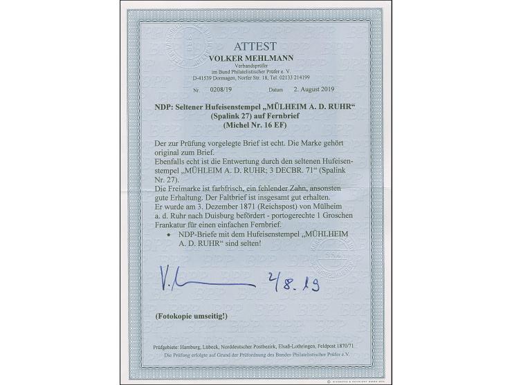 "MÜHLHEIM A.D. RUHR 3.DECBR.71 (Spalink 27) klar auf Norddeutscher Postbezirk 1 Gr. gezähnt auf komplettem Faltbrief nach Dui