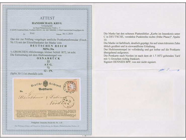 “OSNABRÜCK 22.AUG.72 (Spalink 30-1) klar auf kleiner Schild ½ Gr. rötlichorange mit Plattenfehler ”Kerbe im Innenkreis unter 