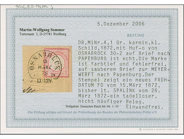 “OSNABRÜCK 15.MÄRZ.72” (Spalink 30-2) klar auf kleiner Schild 1 Gr. karmin auf Briefkuvert nach Papenburg mit Ankunftsstempel