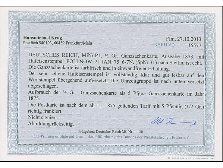 “POLLNOW 21.JAN.75” (Spalnik 31) sehr klar mit nach unten versetzter Uhrzeitengruppe auf Ganzsachenkarte ½ Gr. nach Stettin i