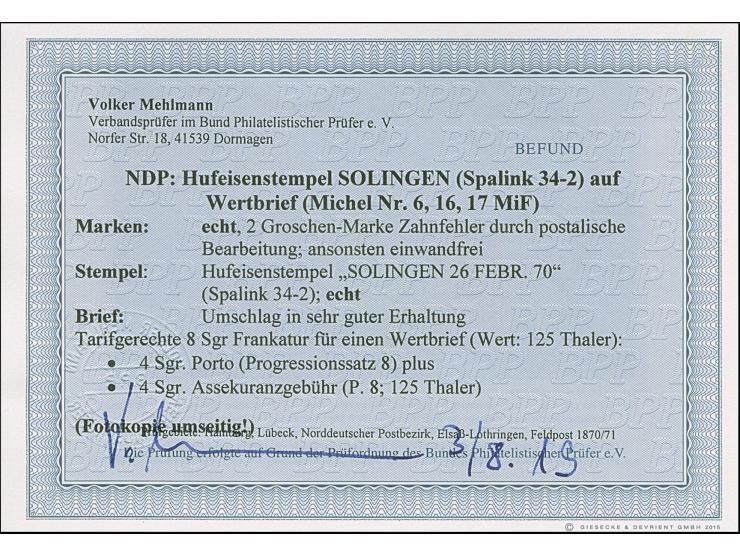 “SOLINGEN 26.FEBR.70” (Spalink 34-2) mehrfach klar auf Norddeutscher Postbezirk 5 Gr. durchstochen sowie 1 Gr. und 2 Gr. gezä