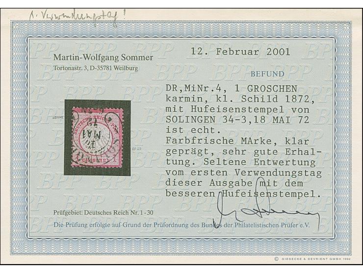 “SOLINGEN 18.MAI.72” (Spalink 34-3) klar auf loser Marke 1 Gr. karmin. Die farbfrische Marke ist gut geprägt, gut gezähnt und