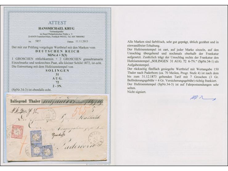 “SOLINGEN 31.AUG.72” (Spalink 34-3) mehrfach recht klar auf kleiner Schild 1 Gr. karmin sowie senkrechtem Paar und Einzelmark
