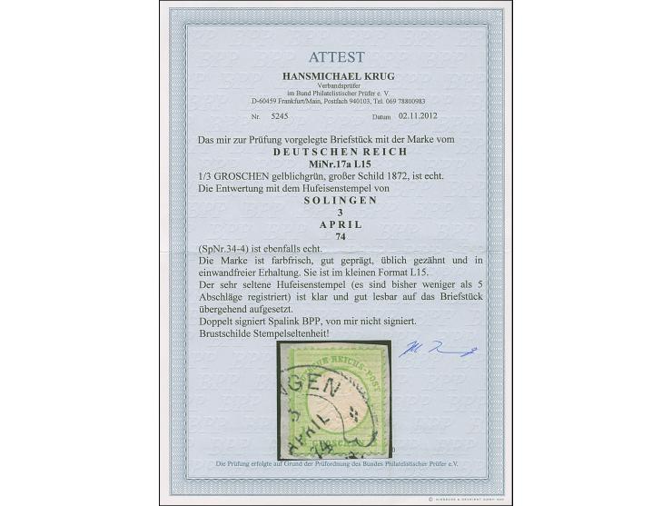 “SOLINGEN 3.APRIL.74” (Spalink 34-4) auf großer Schild ⅓ Gr. gelblichgrün im kleinen Format L15 auf Briefstück. Die farbfrisc