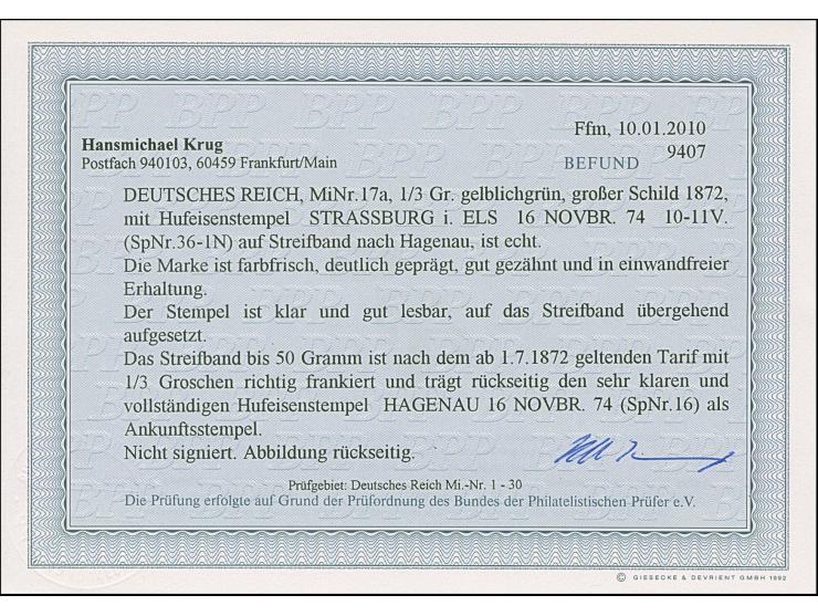 “STRASSBURG i. ELS. 16.NOVBR.74” (Spalink 17-1N) sehr klar auf großer Schild ⅓ Gr. gelblichgrün als tarifgerechte Einzelfrank