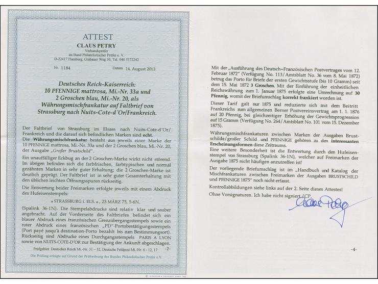 “STRASSBURG i. ELS. 25.MARZ.75” (Spalink 36-1N) zweimal klar auf großer Schild 2 Gr. grauultramarin und 10 Pfge mattrosa als 