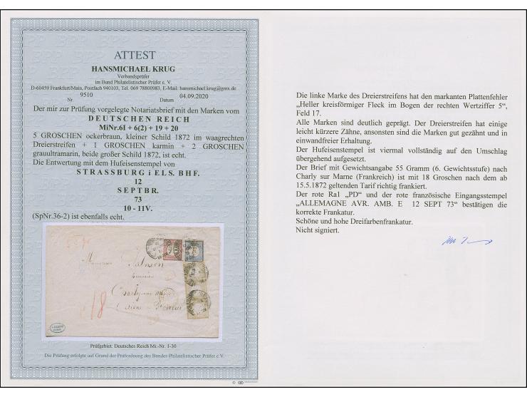 “STRASSBURG i. ELS. BHF. 12.SEPTBR.73” (Spalink 36-2) mehrfach klar auf kleiner Schild 5 Gr. im waagerechten Dreierstreifen, 
