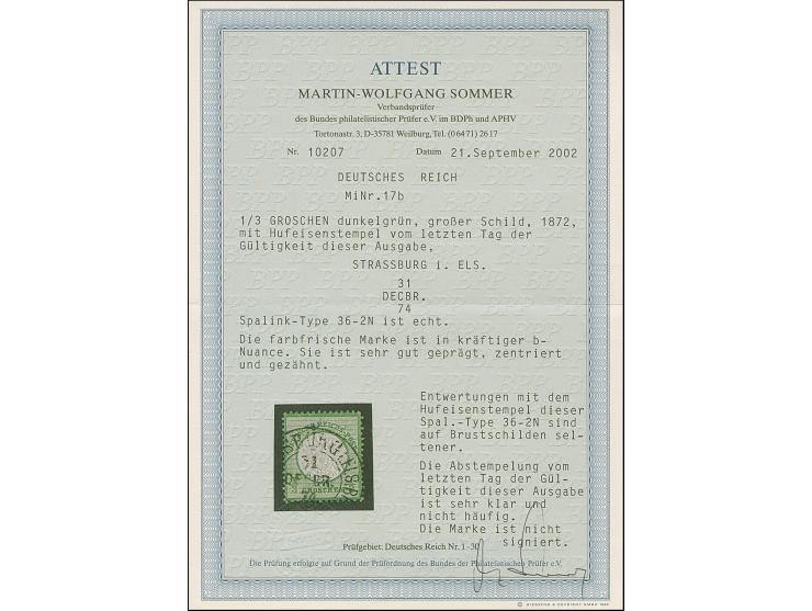 “STRASSBURG i. ELS. BHF 31.DECBR.74” (Spalink 36-2N) klar auf loser Marke ⅓ Gr. dunkelgrün. Die farbfrische Marke ist gut gep