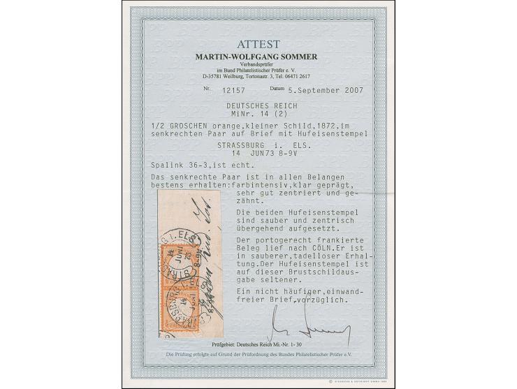 “STRASSBURG i. ELS” (Spalink 36-3) zweimal klar auf senkrechtem Paar kleiner Schild ½ Gr. orange auf komplettem Faltbrief nac