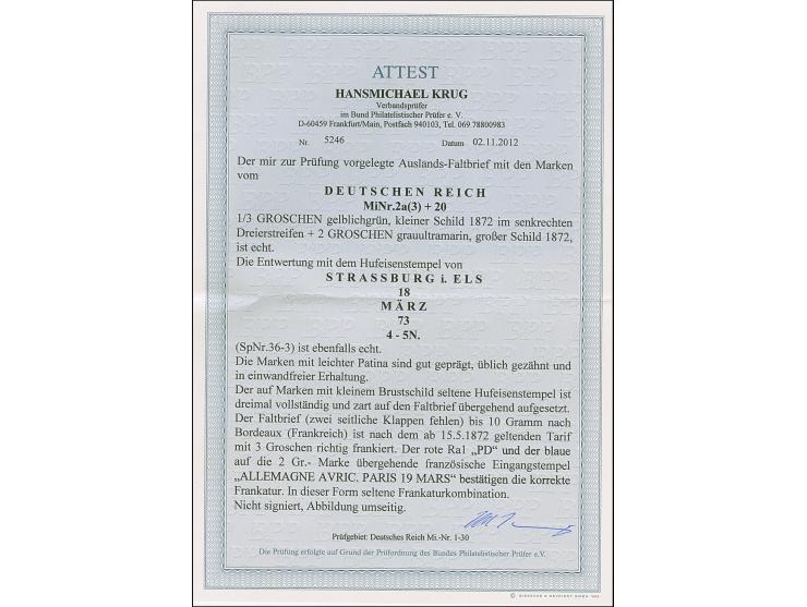 “STRASSBURG i. ELS 18.MARZ.74” (Spalink 36-3) mehrfach recht klar auf senkrechtem Dreierstreifen kleiner Schild ⅓ Gr. gelblic