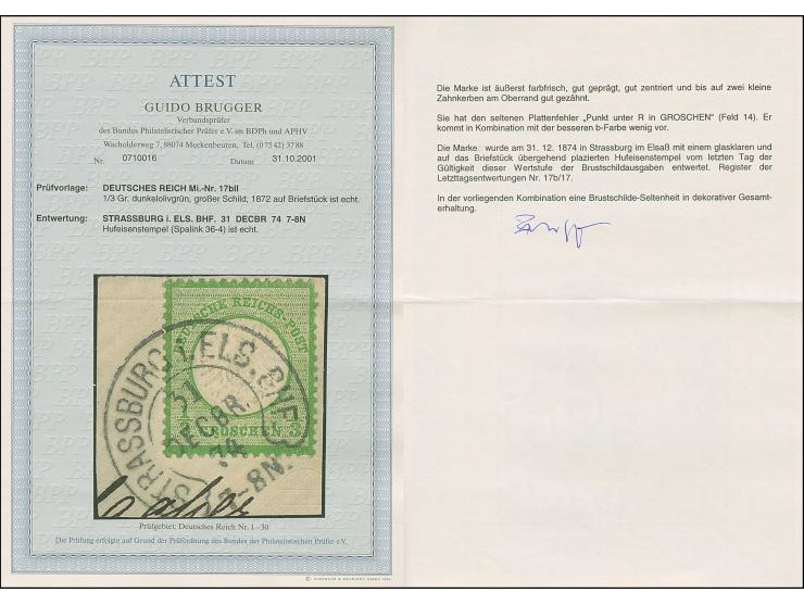 “STRASSBURG i. ELS. BHF. 31.DECBR.74” (Spalink 36-4) sehr klar auf großer Schild ⅓ dunkelolivgrün mit Plattenfehler “Punkt un