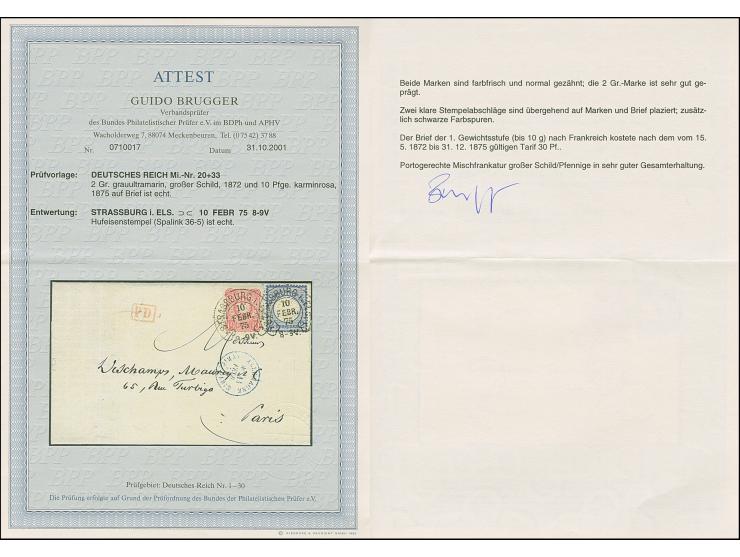 “STRASSBURG i. ELS. BHF. 10. FEBR.75” (Spalink 26-5) zweimal klar auf großer Schild 2 Gr. grauultramarin und 10 Pfge karminro