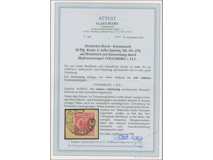 “STRASSBURG i. ELS. ”(Spalink 36-5MN) ohne Datum und Jahr sehr klar auf Krone/Adler 10 Pfg. karmin auf Briefstück in einwandf