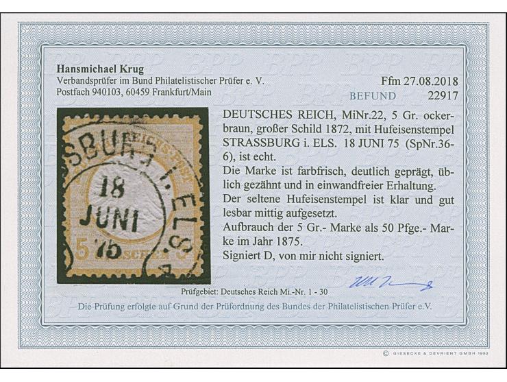 “STRASSBURG i. ELS. 18.JUNI.75” (Spalink 36-6) sehr klar auf loser Marke großer Schild 5 Gr. ockerbraun. Die farbfrische Mark