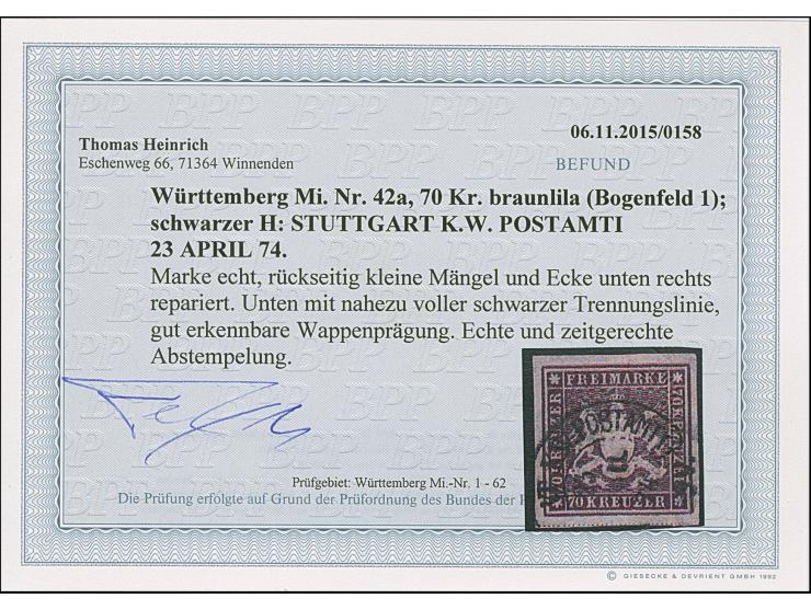 “STUTTGART K.W.POSTAMT I 23.APRIL.74” (Spalink 37-1) klar auf loser Marke Württemberg 70 Kr. braunlila mit unten nahezu volle