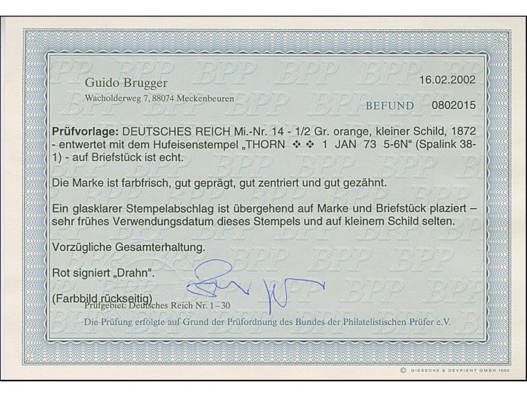 “THORN 1.JAN.73” (Spalink 38-1) sehr klar auf kleiner Schild ½ Gr. orange auf Briefstück. Die farbfrische Marke ist gut geprä