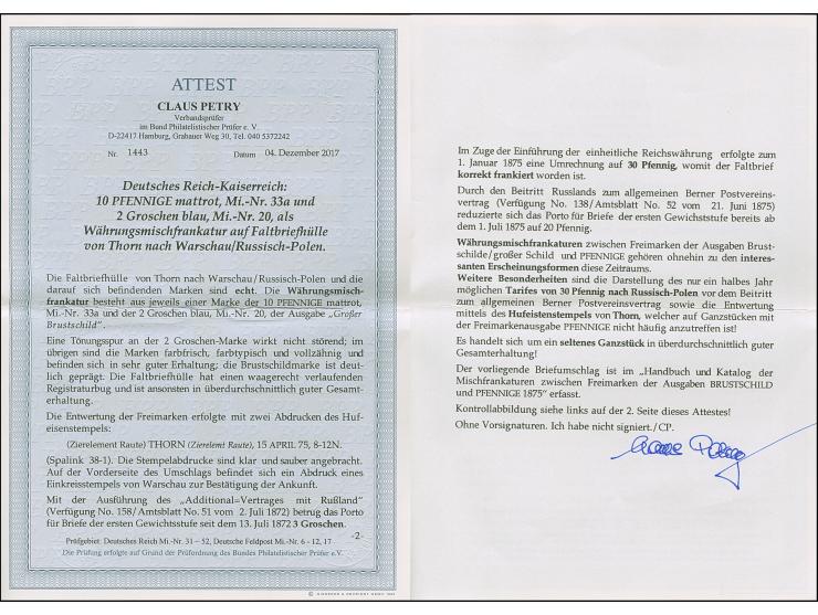 “THORN 15.APRIL.75” (Spalink 38-1) zweimal klar auf großer Schild 2 Gr. grauultramrin und 10 Pfge mattrot als tarifgerechte F