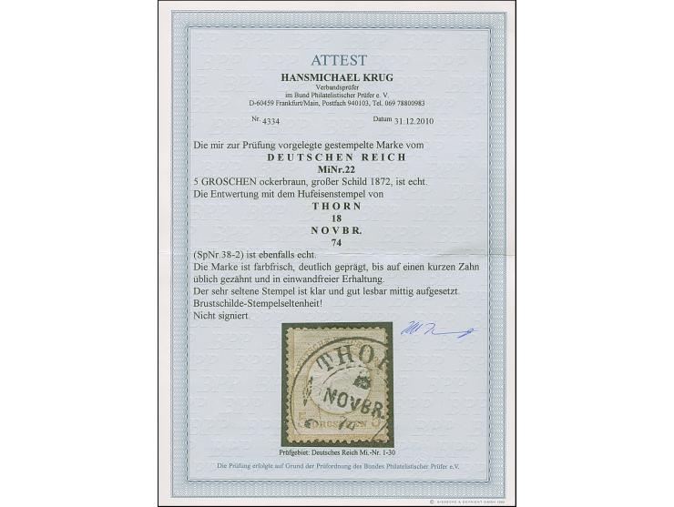 “THORN 18.NOVBR.74” (Spalink 38-2) klar auf loser Marke großer Schild 5 Gr. ockerbraun. Die farbfrische Marke ist deutlich ge