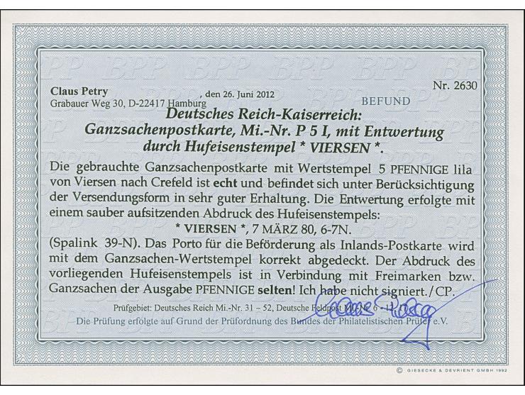 “VIERSEN 7.MÄRZ.80” (Spalink 39N) klar auf Ganzsachenkarte 5 Pfge nach Krefeld, in guter Erhaltung, Fotobefund Petry BPP (201