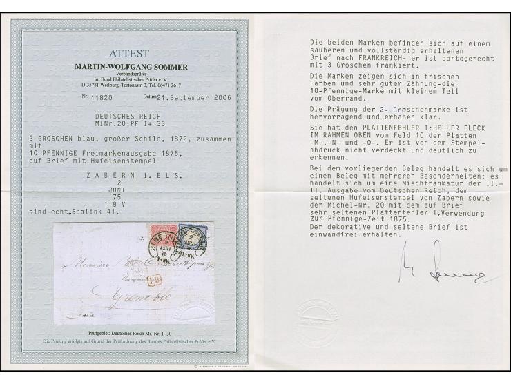 “ZABERN i. ELS. 2.JUNI.75” (Spalink 41) zweimal klar auf großer Schild 2 Gr. grauultramarin mit Plattenfehler “heller Fleck i