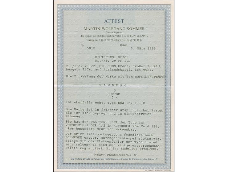 “HAMBURG 3.SEPTBR.74” (Spalink 17-10) klar auf Ausgabe 1874 2½ auf 2½ Gr. rötlichbraun mit Plattenfehler “versetzte 1 der ½ s