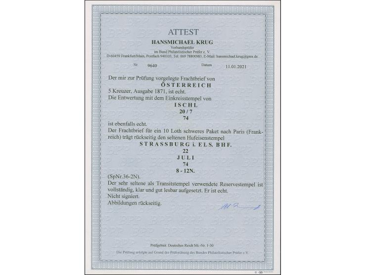 “STRASSBURG i. ELS. BHF. 22.JULI.74” (Spalink 36-2N) sehr klar rückseitig als Transitstempel auf komplettem Frachtbrief aus “