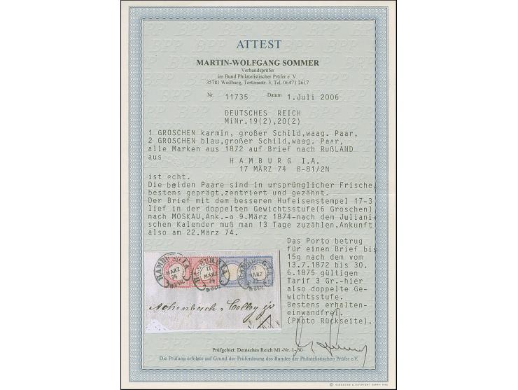 “HAMBURG I.A. 17.MARZ.74” (Spalink 17-3) dreimal klar auf großer Schild 1 Gr. karmin und 2 Gr. Grauultramarin jeweils in waag