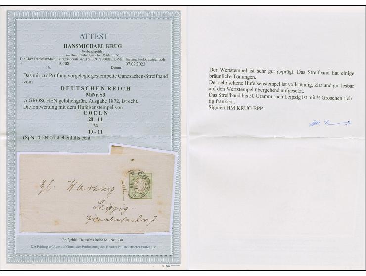 “COELN 20.11.74” (Spalink 4-2N2) klar auf Ganzsachen-Streifband großer Schild ⅓ Gr. nach Leipzig. Das Streifband mit Gelbflec