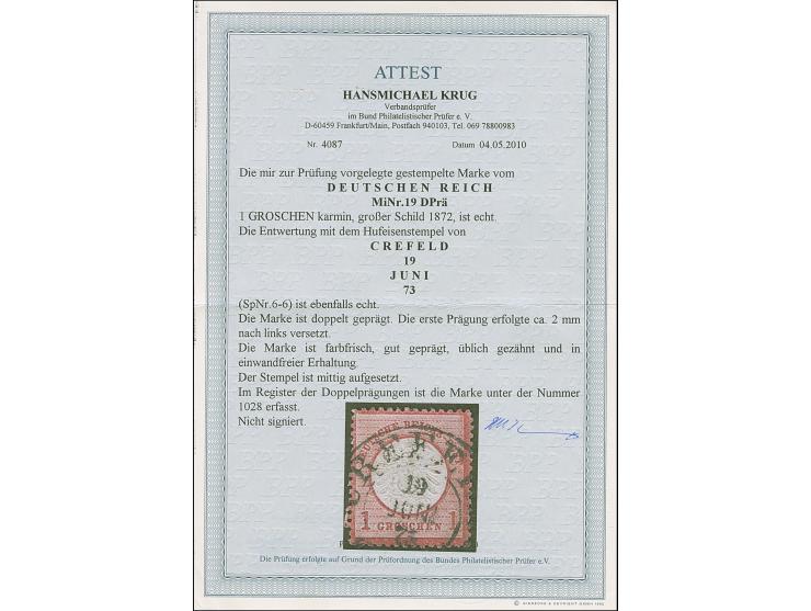 “CREFELD 19.JUNI.73” (Spalink 6-6) klar auf loser Marke 1 Gr. karmin mit Doppelprägung (1. Prägung um ca. 2 mm nach links ver